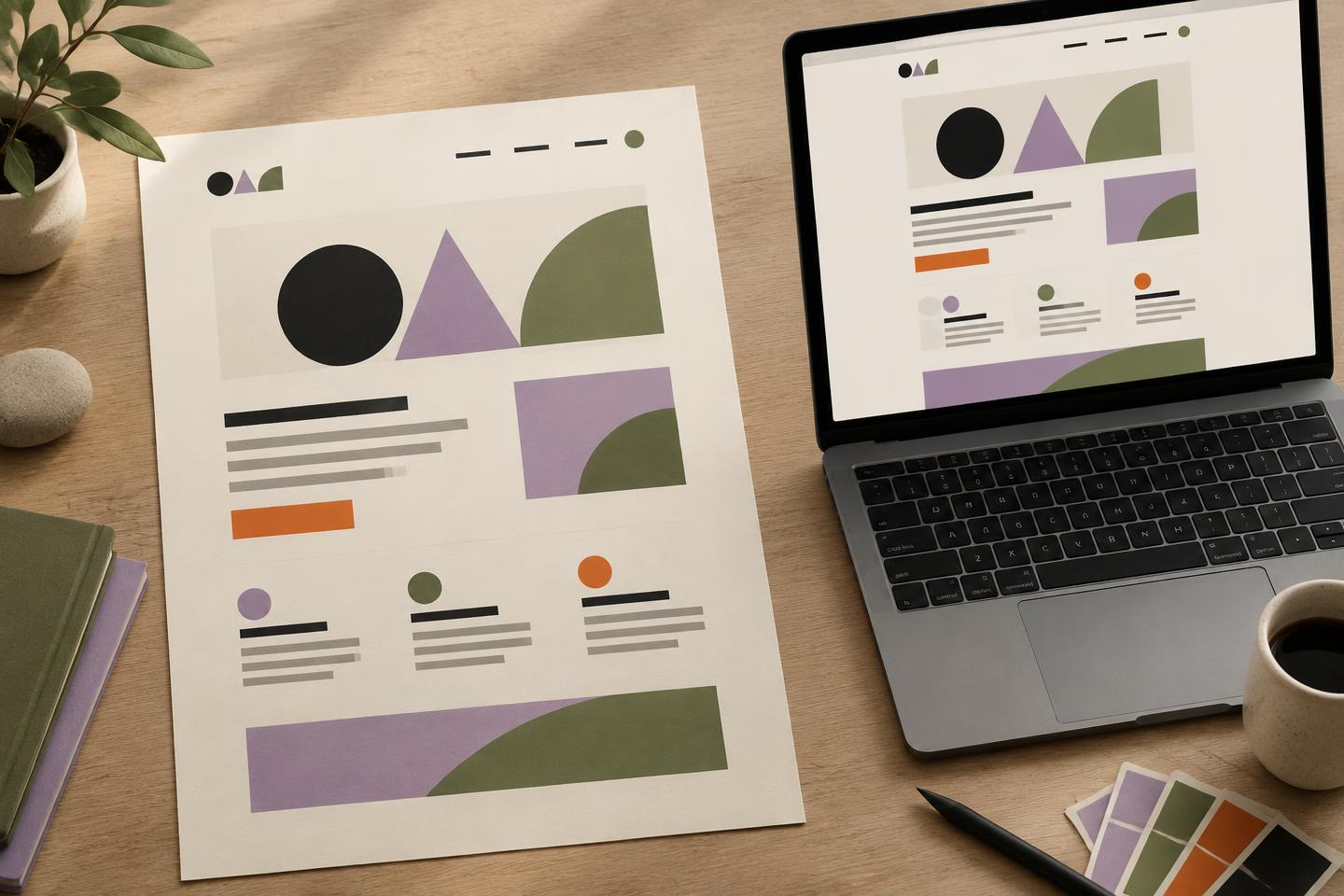 Concept van een website in de VORM-huisstijl op papier en scherm